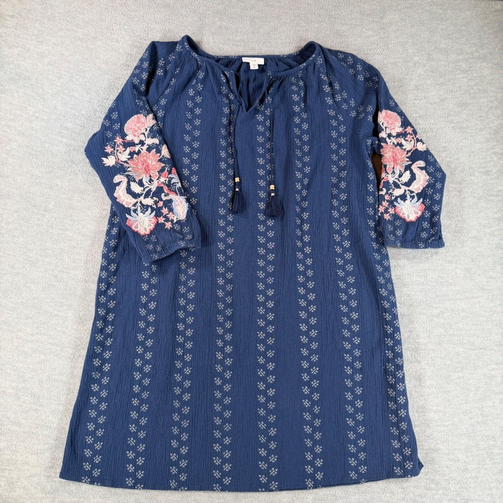 J. Jill Embroidered Crinkle Gauze Tunic Dress M Petite Navy Boho Tassel Festival